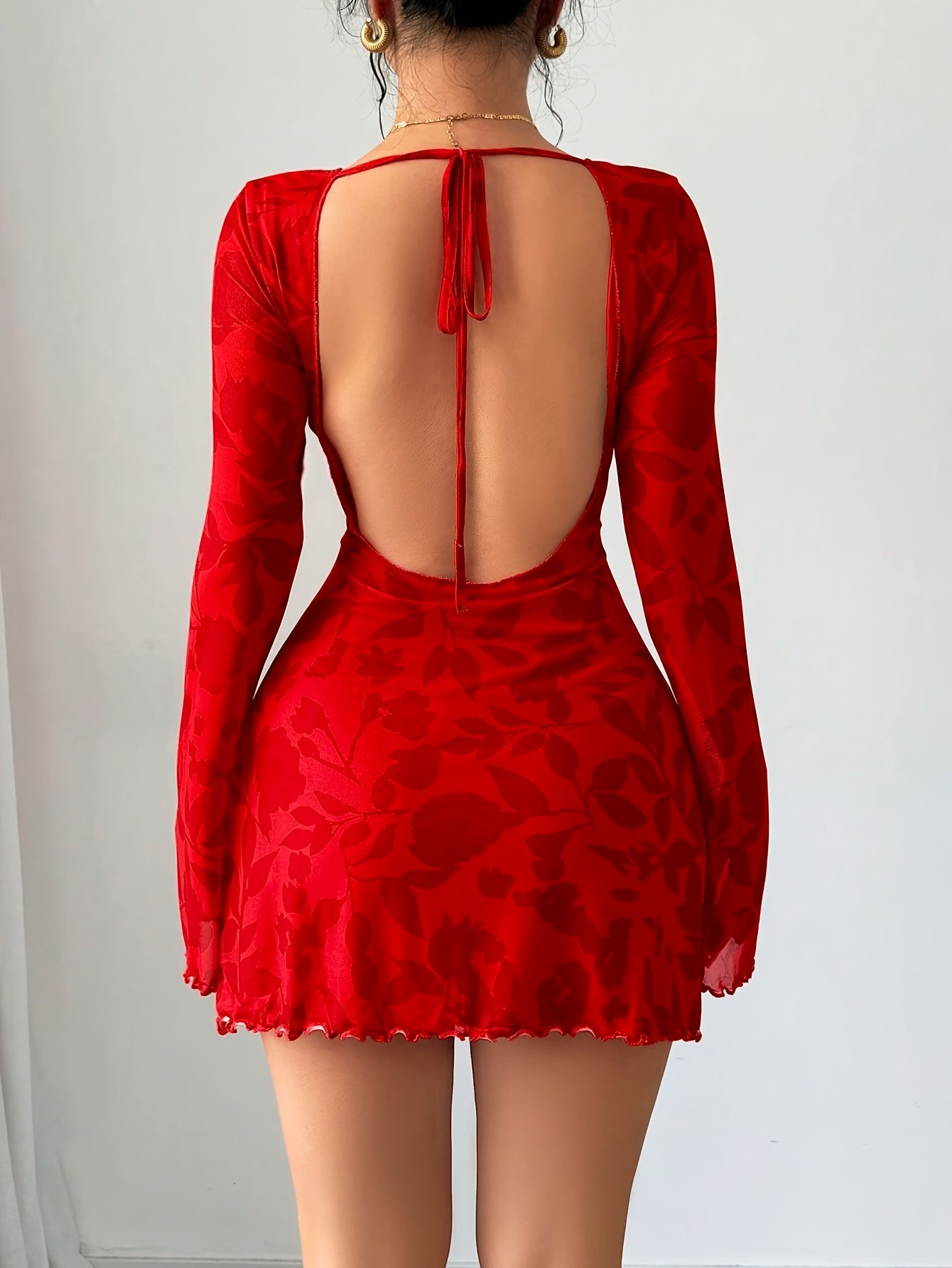 Women's Red Floral Print Backless Mini Dress with Tie Flare Sleeves - Sexy, Fashionable, Polyester, Machine Washable